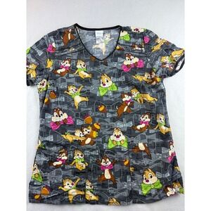 Disney Chip 'n Dale Scrub Top Women's Size M V-Neck Short Sleeve Graphic Print